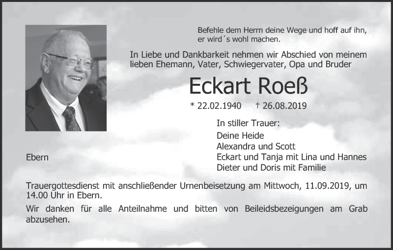  Traueranzeige für Eckart Roeß vom 10.09.2019 aus MGO