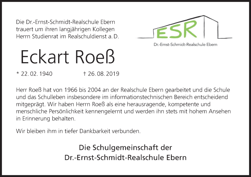  Traueranzeige für Eckart Roeß vom 11.09.2019 aus MGO