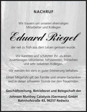 Anzeige von Eduard Riegel von MGO