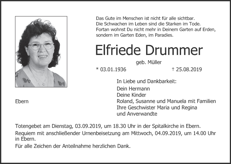  Traueranzeige für Elfriede Drummer vom 31.08.2019 aus MGO