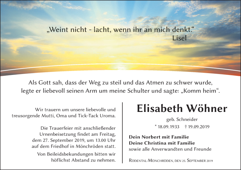  Traueranzeige für Elisabeth Wöhner vom 25.09.2019 aus MGO