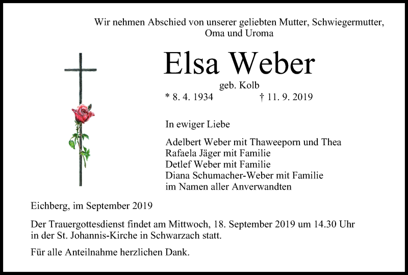  Traueranzeige für Elsa Weber vom 17.09.2019 aus MGO