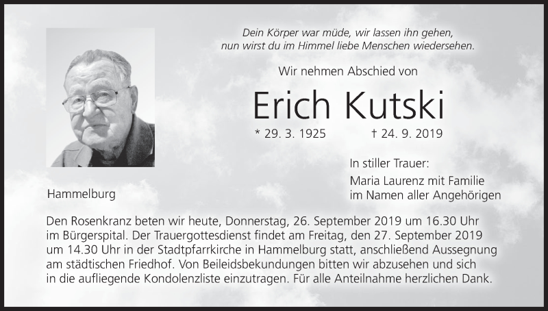  Traueranzeige für Erich Kutski vom 26.09.2019 aus MGO