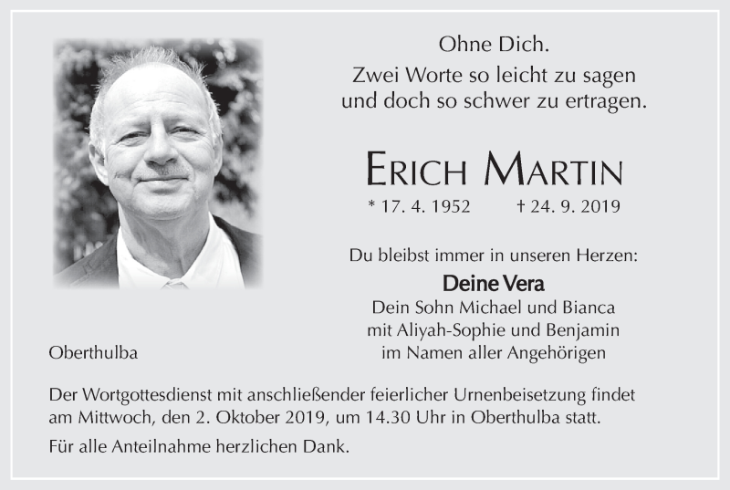  Traueranzeige für Erich Martin vom 28.09.2019 aus MGO
