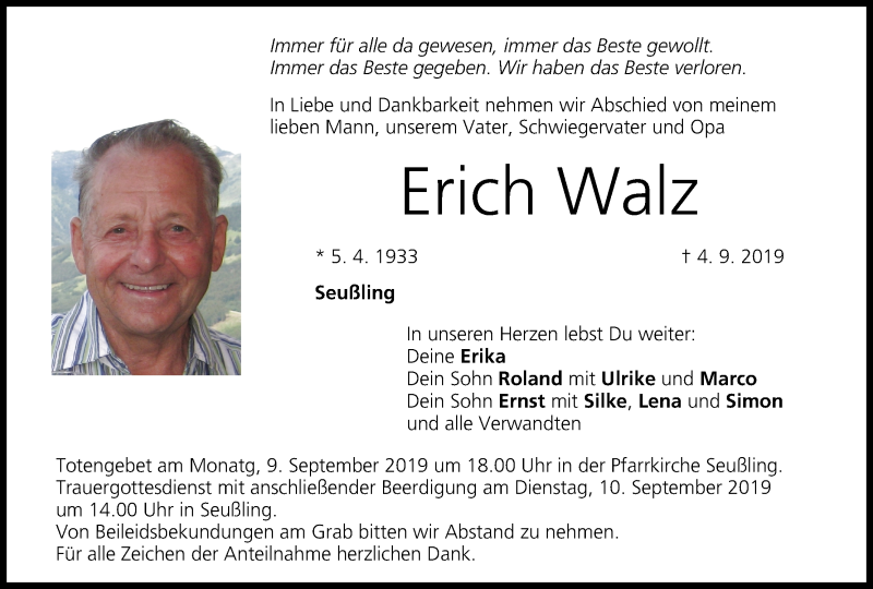  Traueranzeige für Erich Walz vom 07.09.2019 aus MGO
