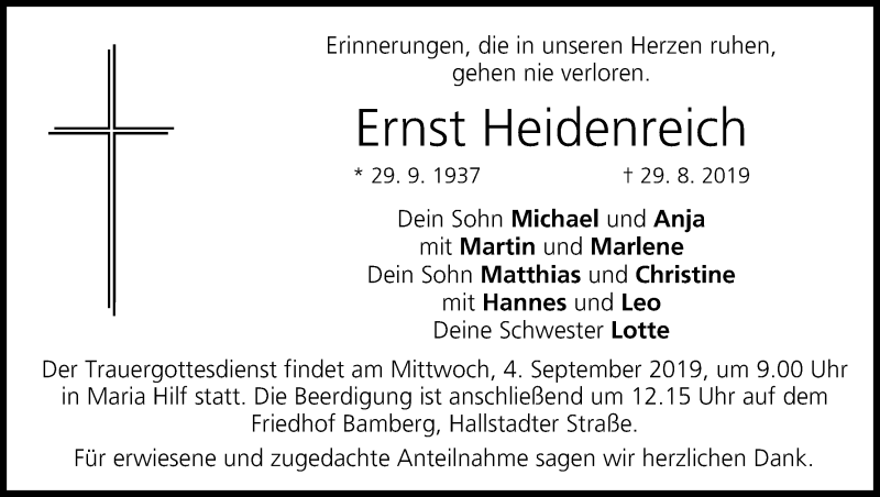  Traueranzeige für Ernst Heidenreich vom 31.08.2019 aus MGO