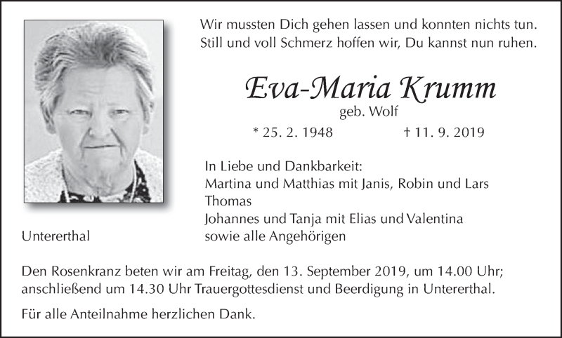  Traueranzeige für Eva-Wlana Krumm vom 12.09.2019 aus MGO