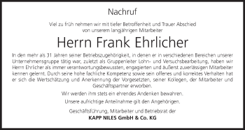 Anzeige von Frank Ehrlicher von MGO