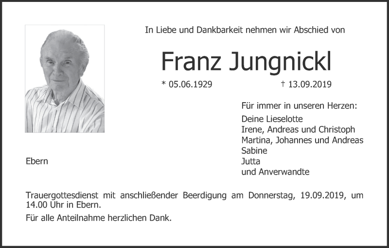  Traueranzeige für Franz Jungnickl vom 17.09.2019 aus MGO