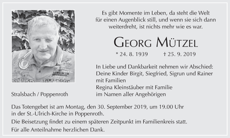  Traueranzeige für Georg Mützel vom 28.09.2019 aus MGO