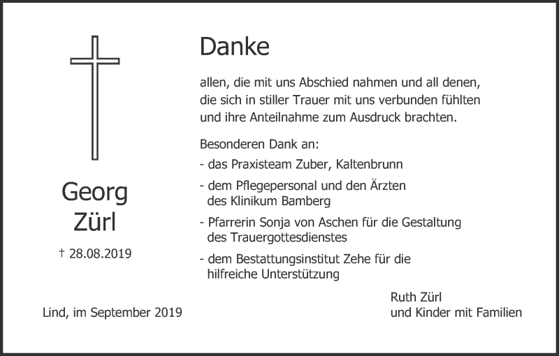  Traueranzeige für Georg Zürl vom 14.09.2019 aus MGO
