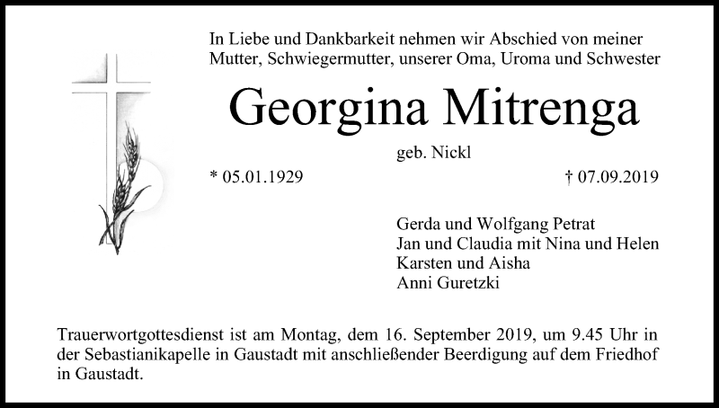  Traueranzeige für Georgina Mitrenga vom 14.09.2019 aus MGO