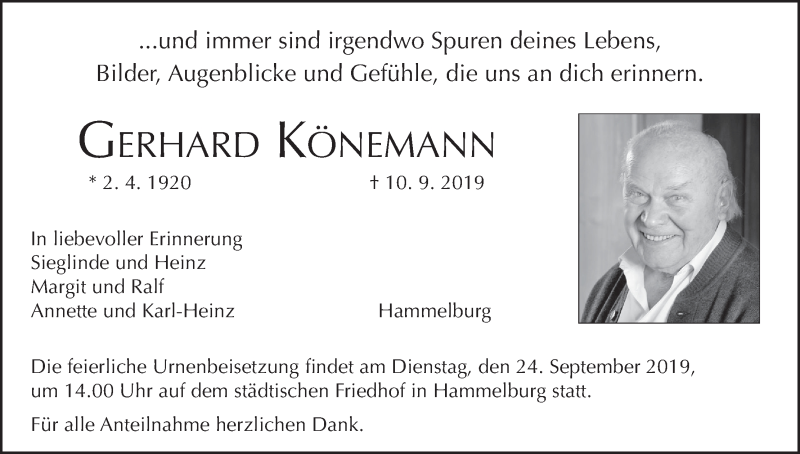  Traueranzeige für Gerhard Könemann vom 20.09.2019 aus MGO