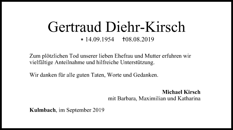  Traueranzeige für Gertraud Diehr-Kirsch vom 07.09.2019 aus MGO