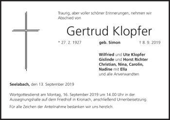 Anzeige von Gertrud Klopfer von MGO