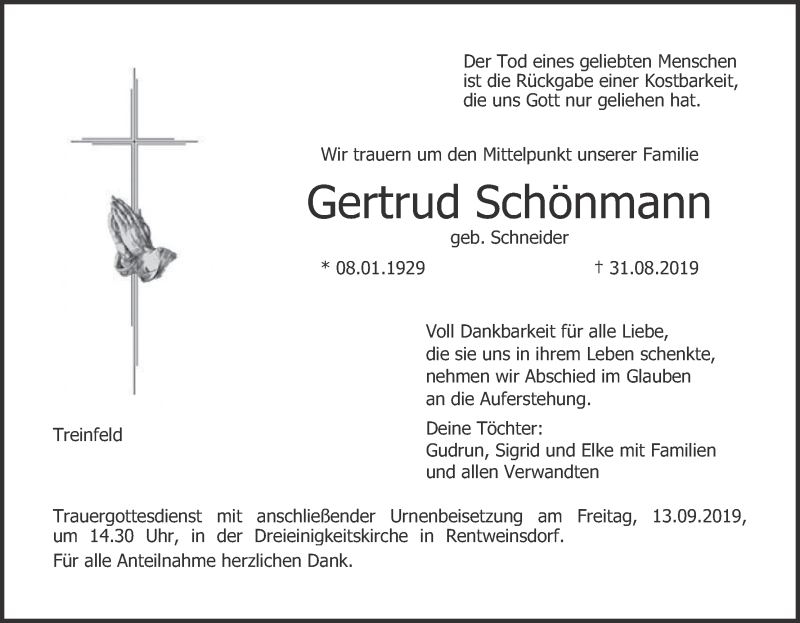  Traueranzeige für Gertrud Schönmann vom 07.09.2019 aus MGO