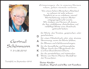 Anzeige von Gertrud Schönmann von MGO