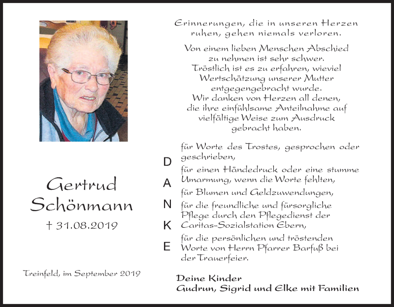  Traueranzeige für Gertrud Schönmann vom 21.09.2019 aus MGO