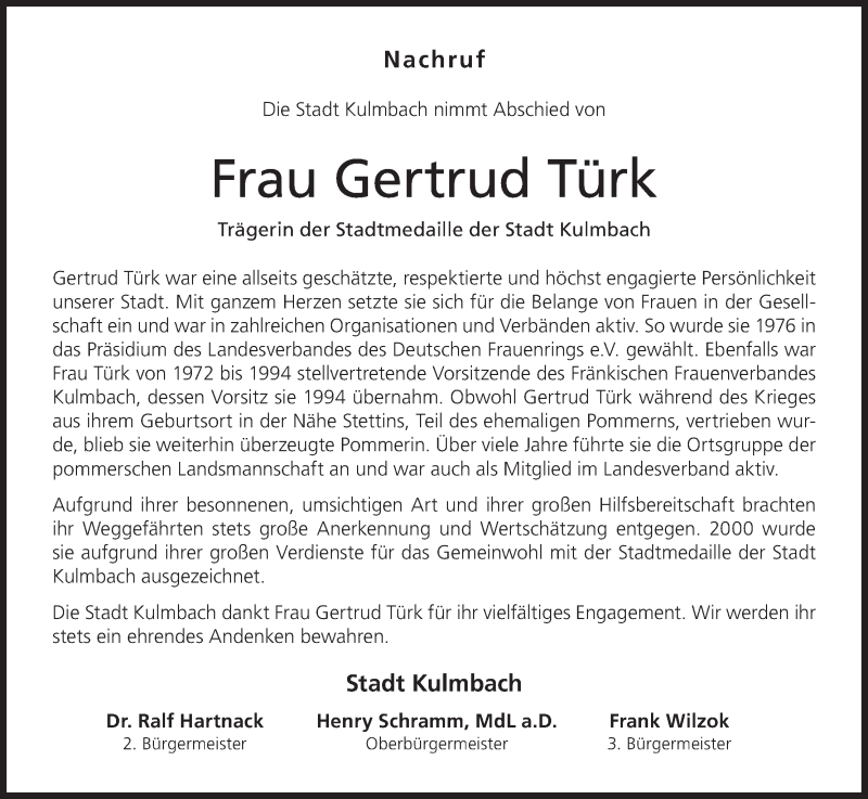  Traueranzeige für Gertrud Türk vom 17.09.2019 aus MGO