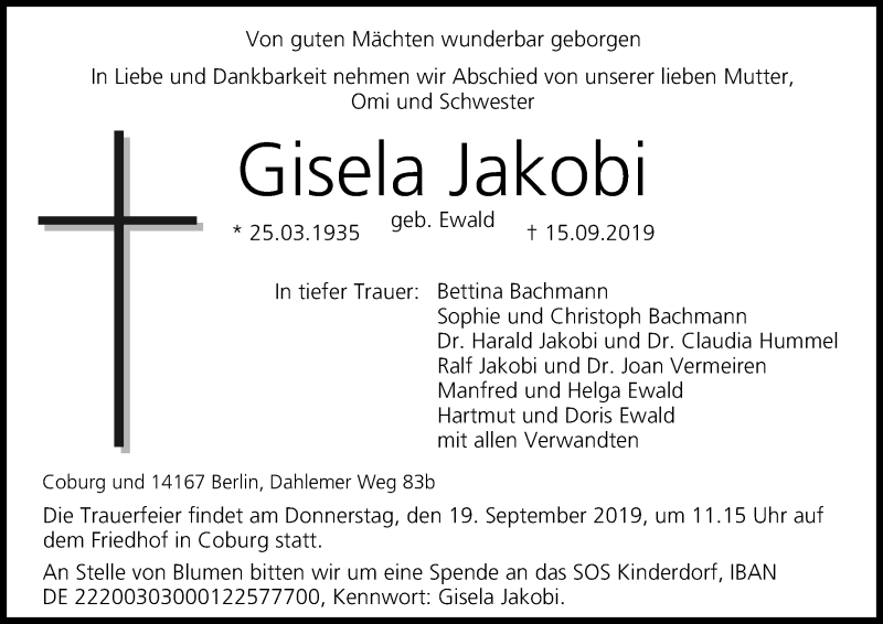  Traueranzeige für Gisela Jakobi vom 17.09.2019 aus MGO