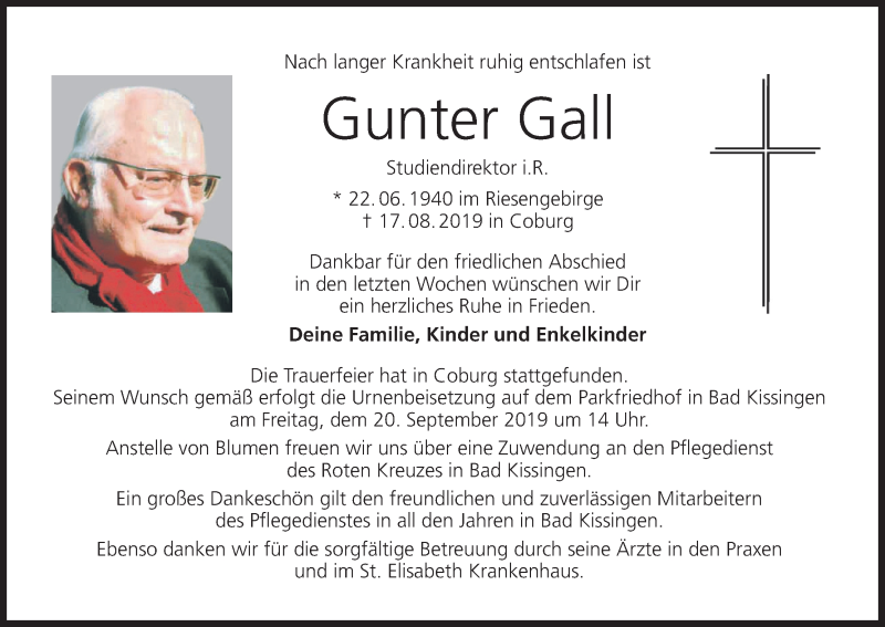  Traueranzeige für Gunter Gall vom 14.09.2019 aus MGO