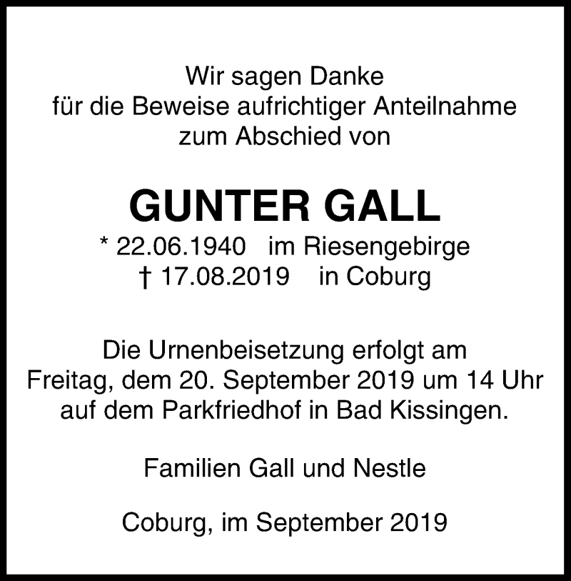  Traueranzeige für Gunter Gall vom 14.09.2019 aus MGO