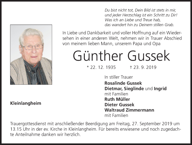  Traueranzeige für Günther Gussek vom 26.09.2019 aus MGO