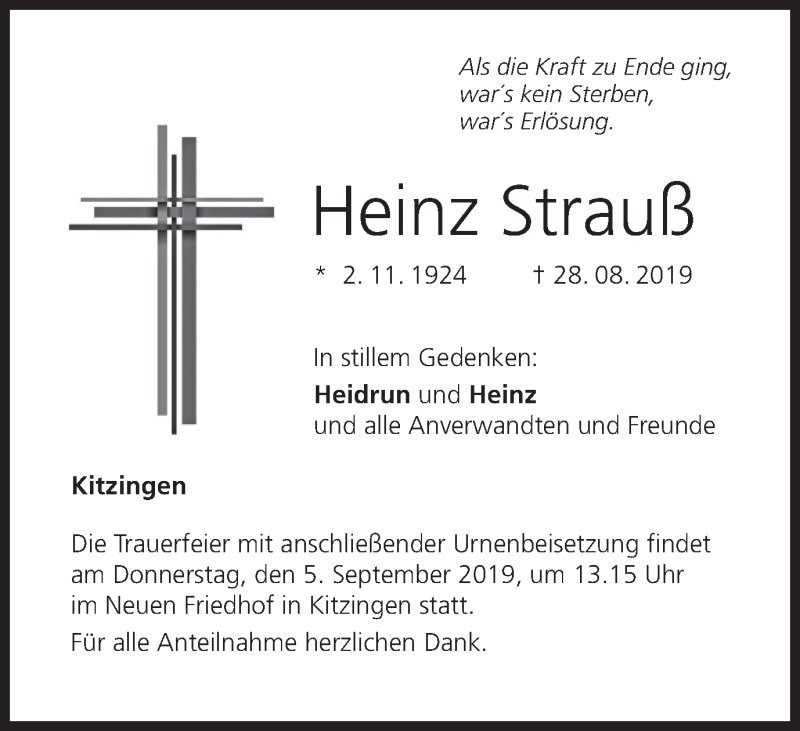  Traueranzeige für Heinz Strauß vom 31.08.2019 aus MGO