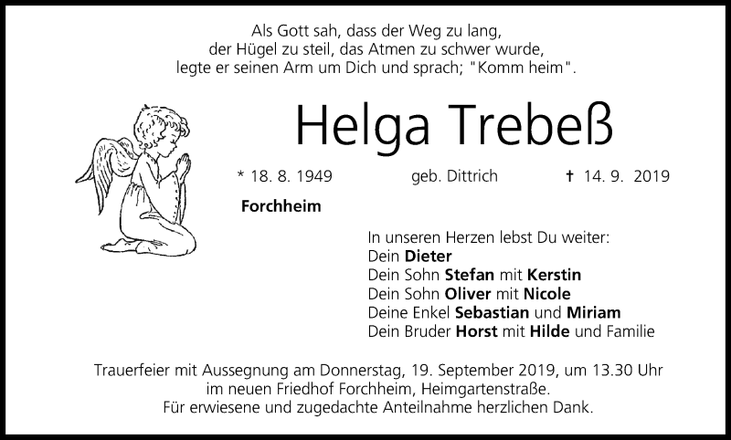  Traueranzeige für Helga Trebeß vom 18.09.2019 aus MGO