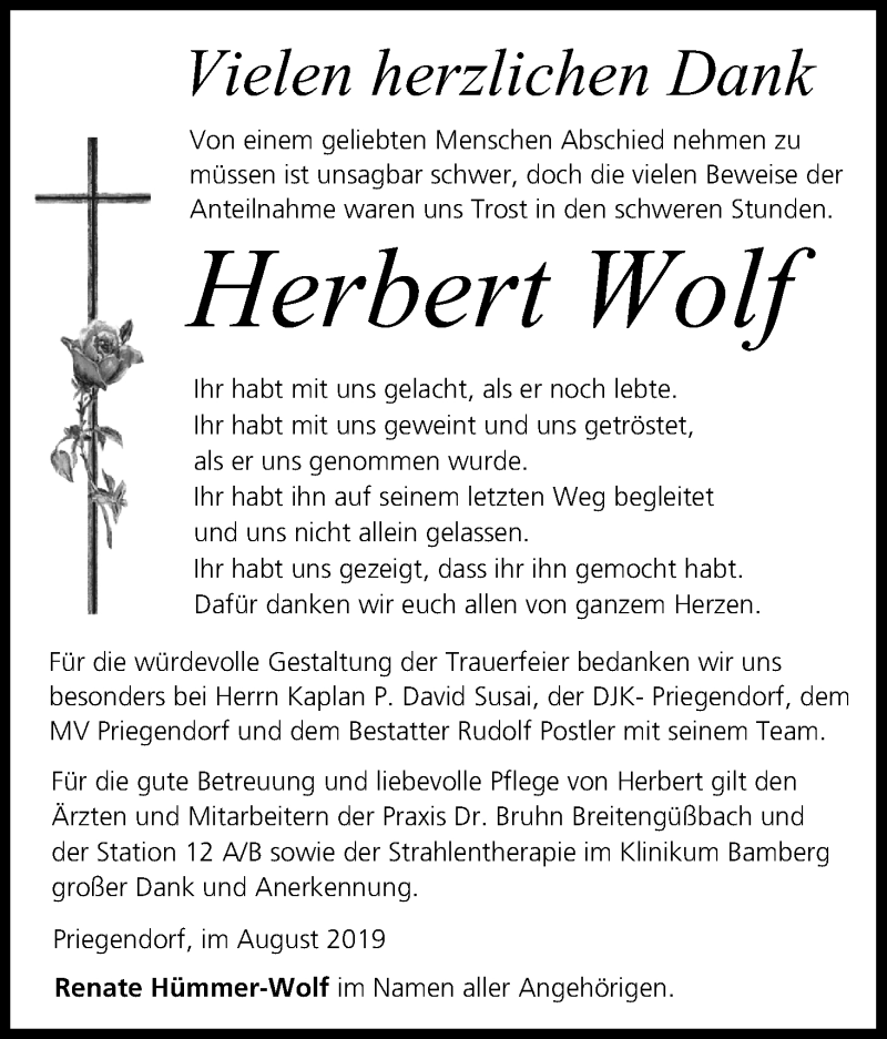  Traueranzeige für Herbert Wolf vom 31.08.2019 aus MGO