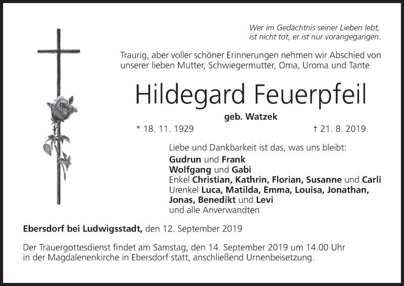  Traueranzeige für Hildegard Feuerpfeil vom 12.09.2019 aus MGO