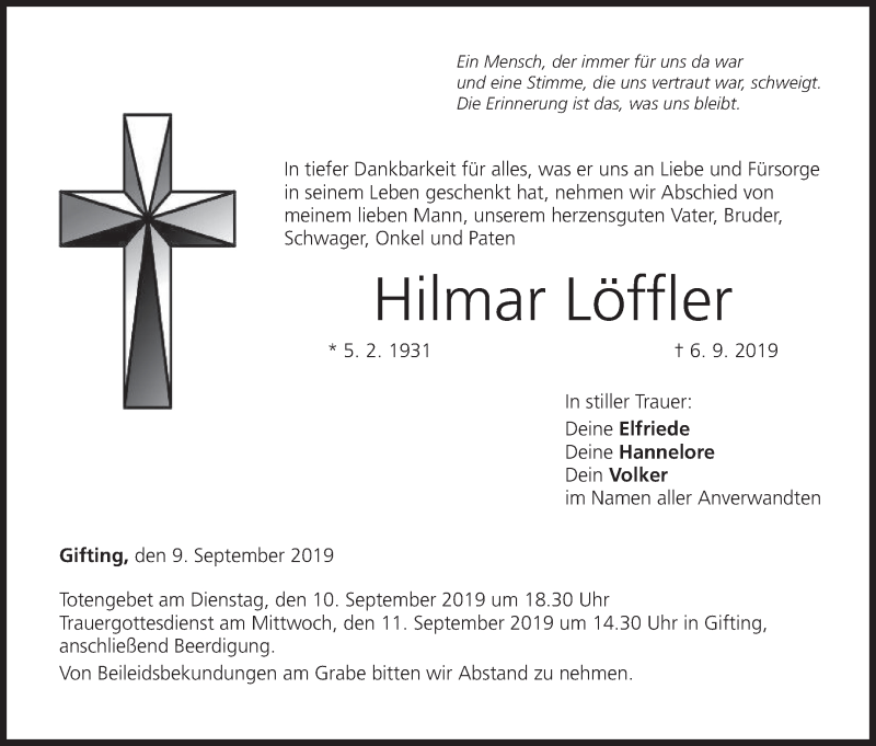  Traueranzeige für Hilmar Löffler vom 09.09.2019 aus MGO