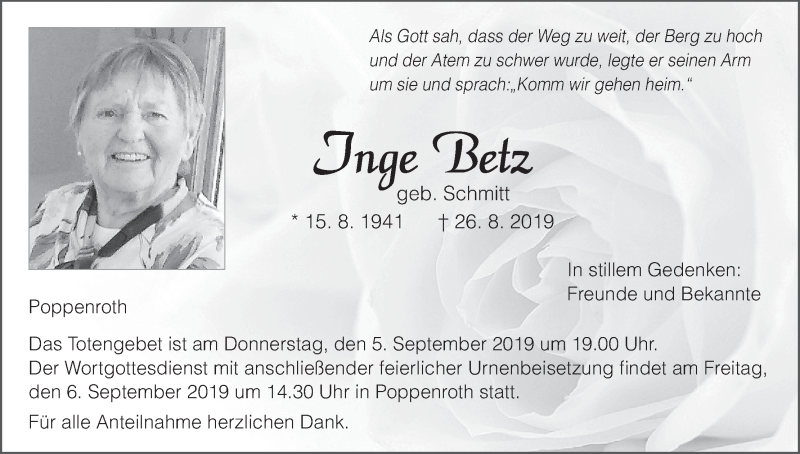  Traueranzeige für Inge Betz vom 03.09.2019 aus MGO