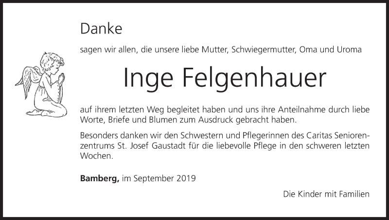  Traueranzeige für Inge Felgenhauer vom 07.09.2019 aus MGO