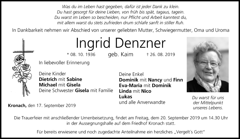  Traueranzeige für Ingrid Denzner vom 17.09.2019 aus MGO