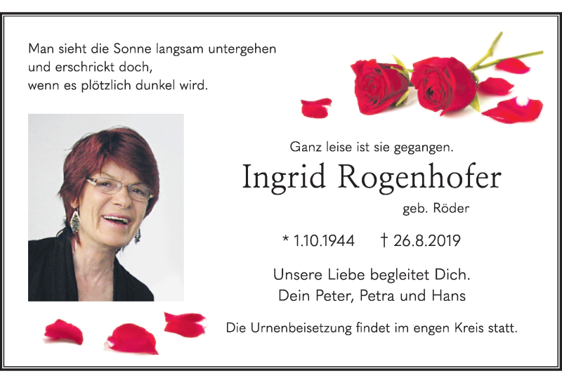  Traueranzeige für Ingrid Rogenhofer vom 31.08.2019 aus MGO