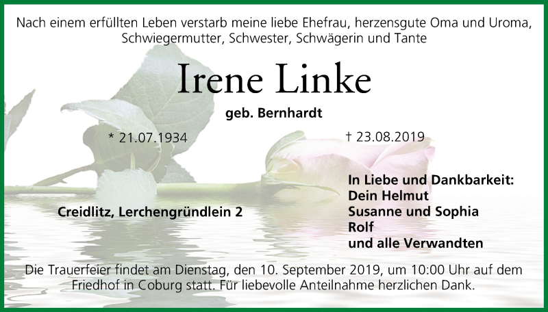  Traueranzeige für Irene Linke vom 07.09.2019 aus MGO