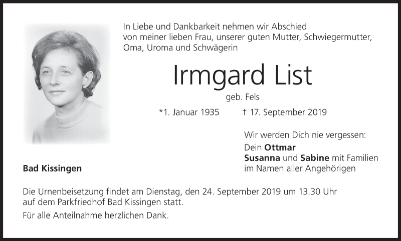  Traueranzeige für Irmgard List vom 21.09.2019 aus MGO