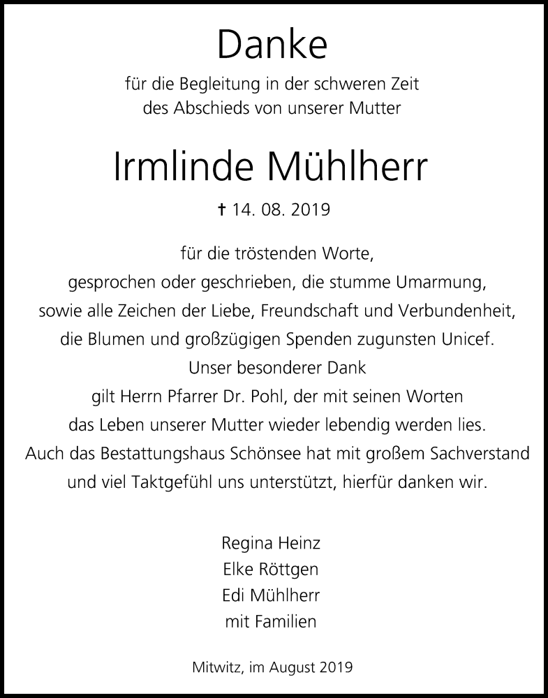  Traueranzeige für Irmlinde Mühlherr vom 31.08.2019 aus MGO