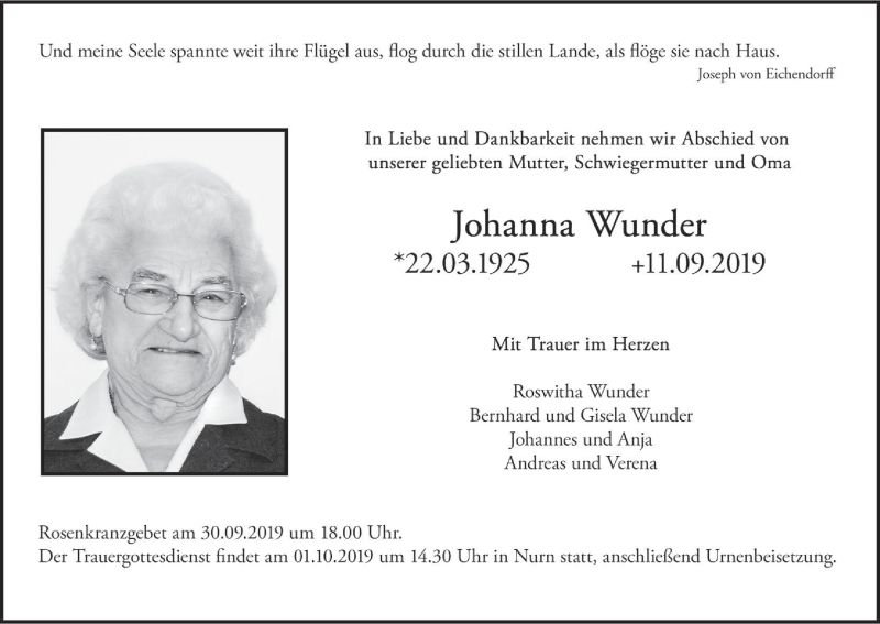  Traueranzeige für Johanna Wunder vom 20.09.2019 aus MGO