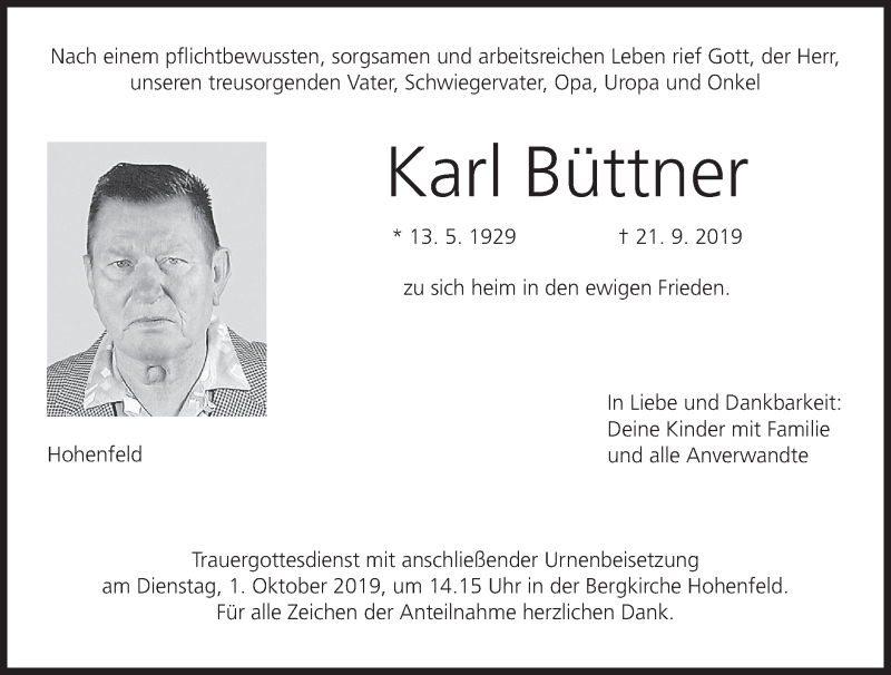  Traueranzeige für Karl Büttner vom 28.09.2019 aus MGO