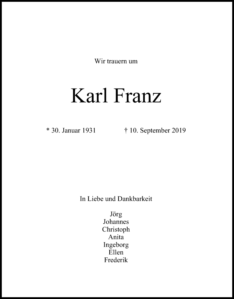  Traueranzeige für Karl Franz vom 14.09.2019 aus MGO