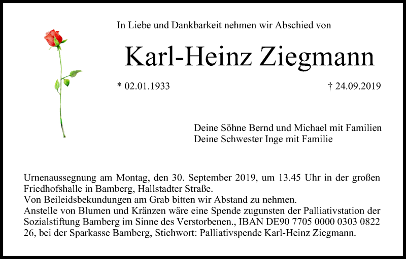  Traueranzeige für Karl-Heinz Ziegmann vom 28.09.2019 aus MGO