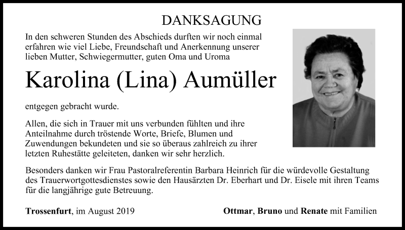  Traueranzeige für Karolina Aumüller vom 31.08.2019 aus MGO