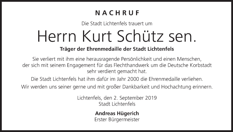  Traueranzeige für Kurt Schütz vom 03.09.2019 aus MGO