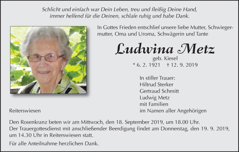  Traueranzeige für Ludwina Metz vom 14.09.2019 aus MGO