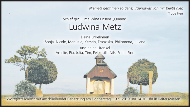  Traueranzeige für Ludwina Metz vom 19.09.2019 aus MGO