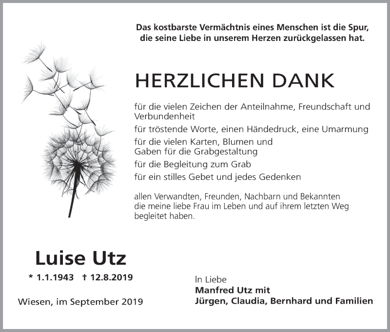  Traueranzeige für Luise Utz vom 14.09.2019 aus MGO