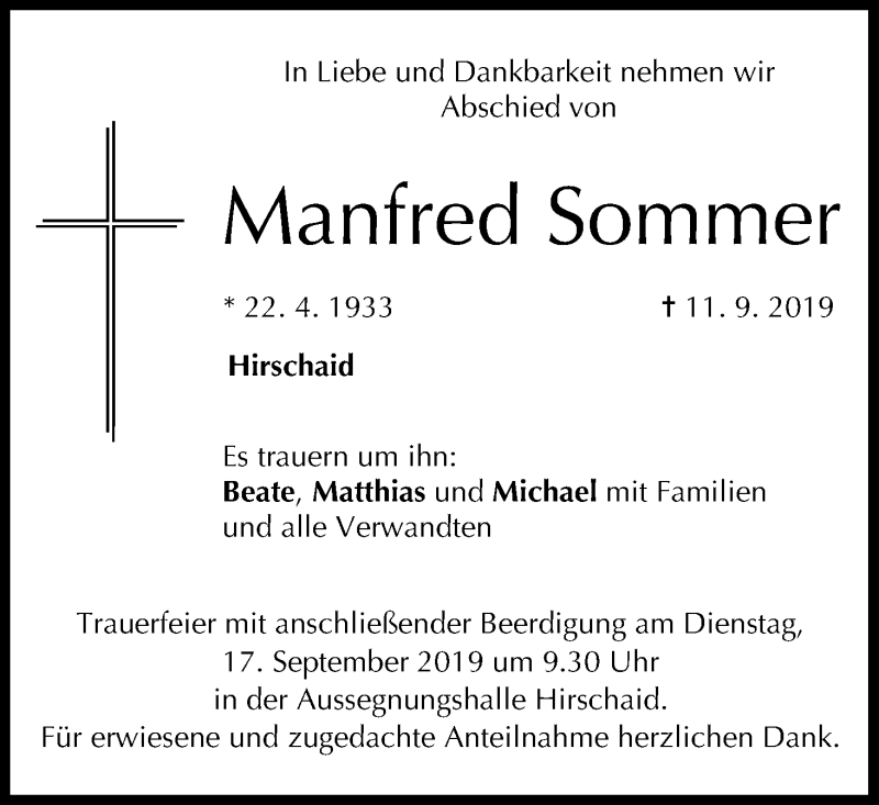  Traueranzeige für Manfred Sommer vom 14.09.2019 aus MGO