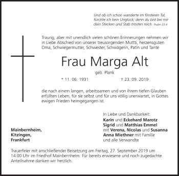 Anzeige von Marga Alt von MGO